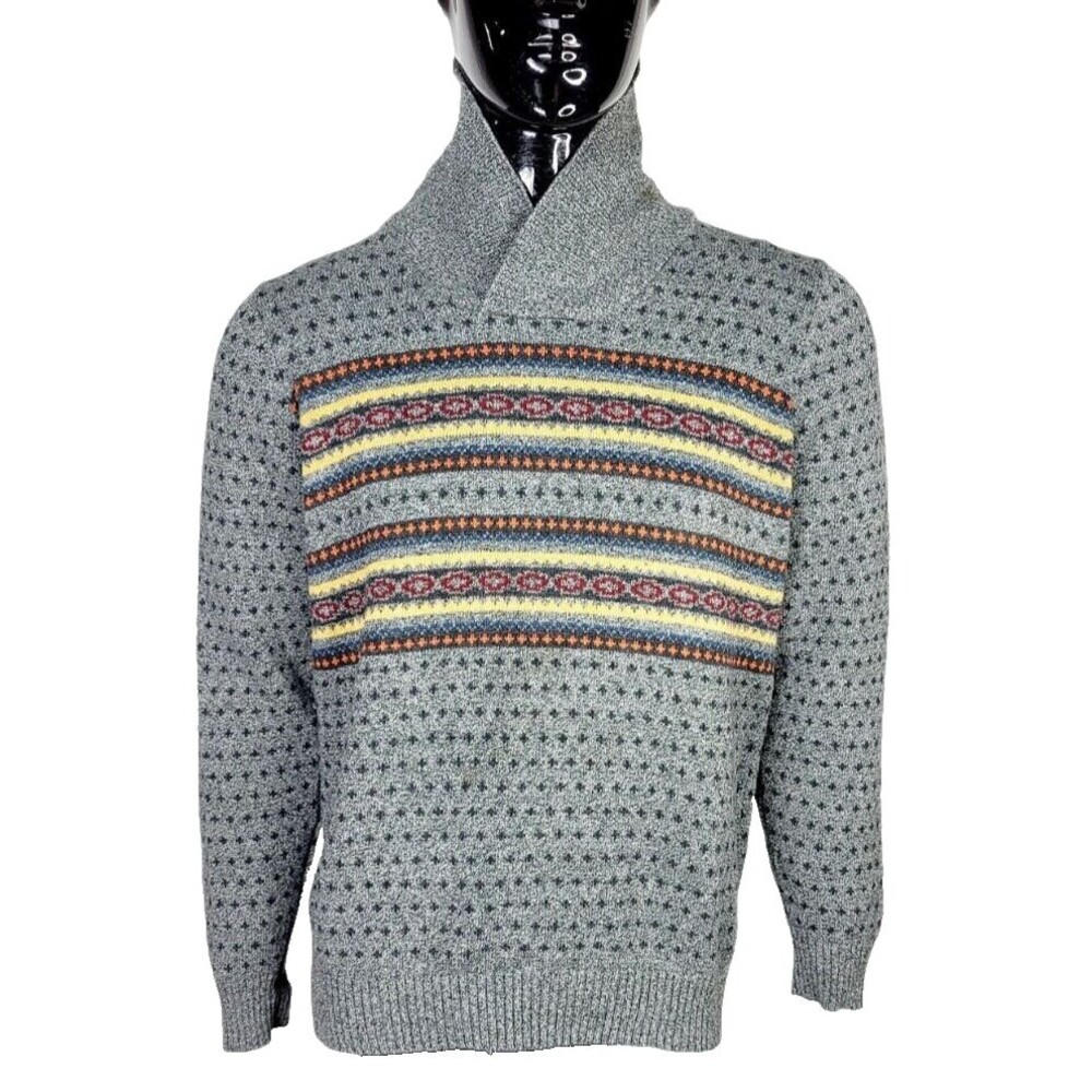 Levis Straus Fair Isle Birds Eye Striped Knit Shawl Collar Pullover Sweater Sz M